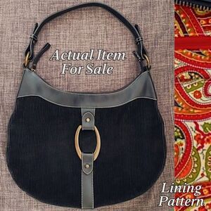 Maxx New York Black Purse Corduroy & Leather Hobo Shoulder Bag Paisley Lining
